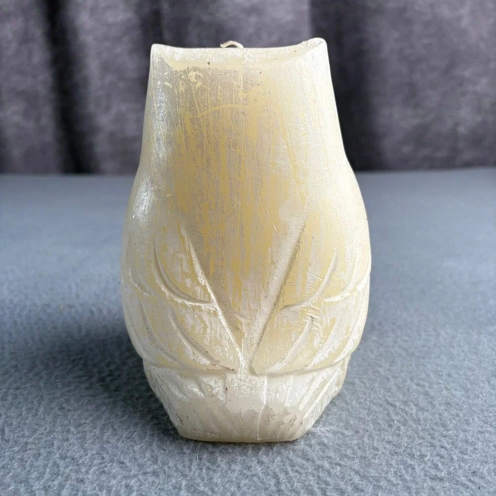 Vintage Cream Owl Pillar Candle Textured Bird Decor Rustic Figurine